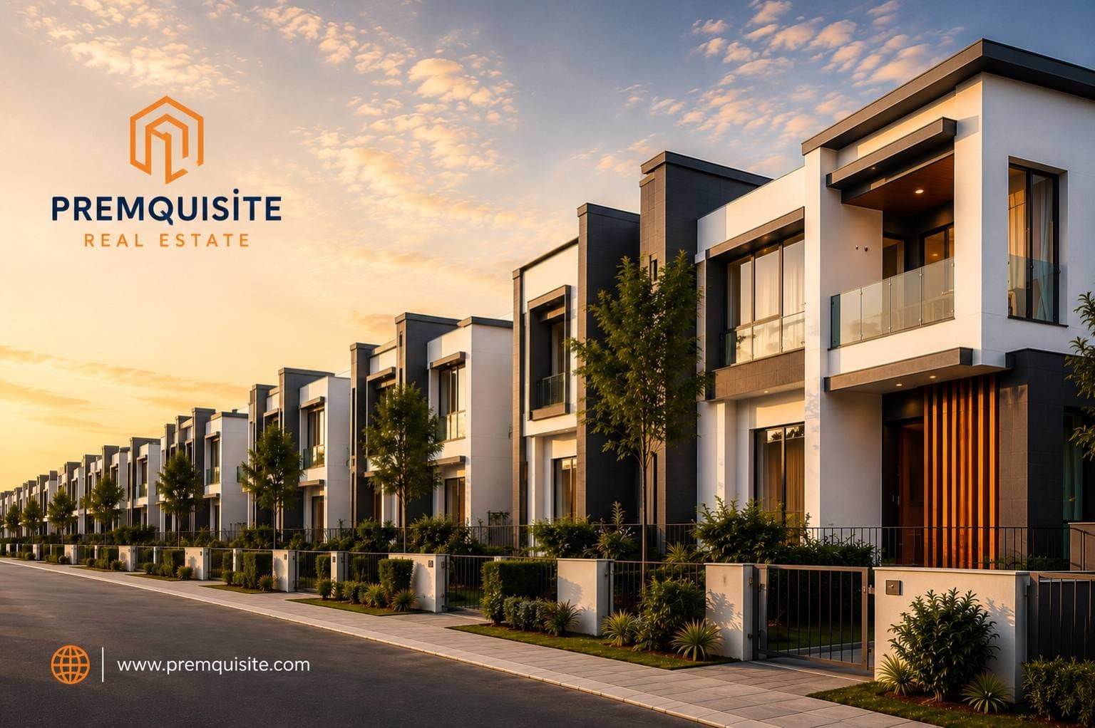 Well-maintained modern residential terrace homes at sunset