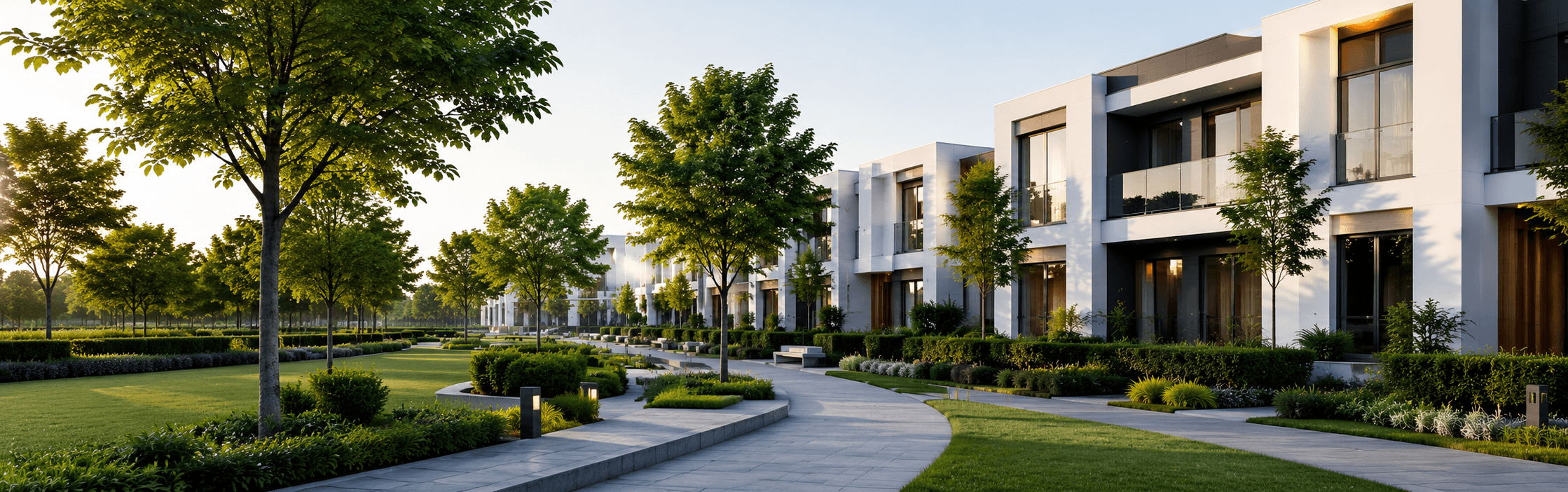 Modern residential development with landscaped green spaces, tree-lined walkways, and parks