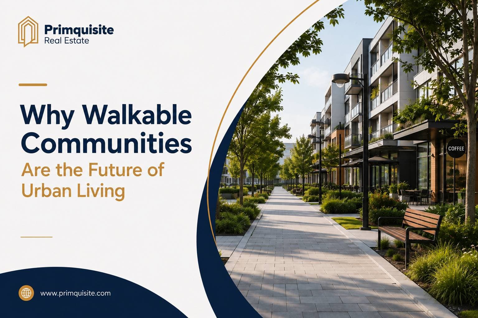 Walkable urban neighbourhood with landscaped pedestrian pathways, trees, and nearby amenities